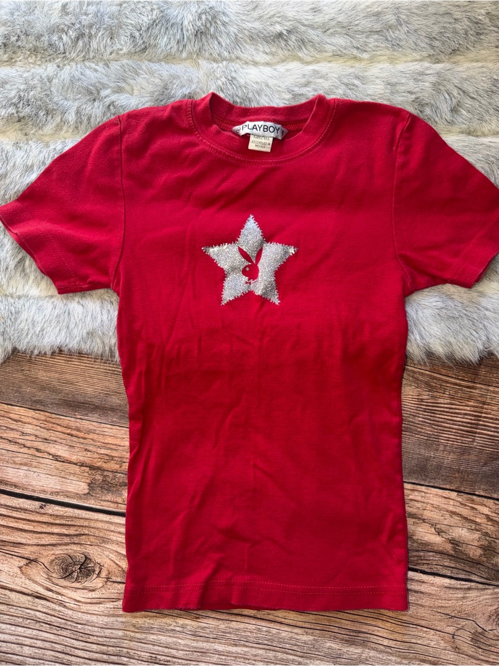 PLAYBOY y2k  Red Short Sleeve Tee with Silver Star Bunny